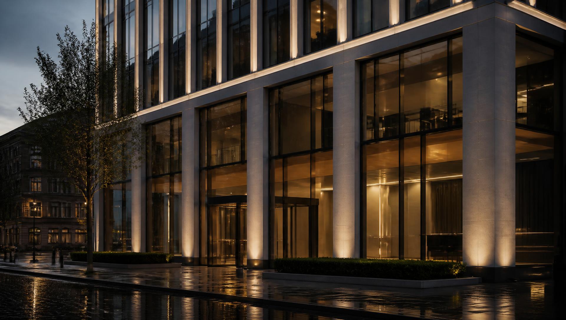 Modern London commercial building facade at dusk